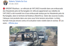 Cette photo montre l’embuscade tendue au convoi humanitaire de TearFund à Lubero et non l’attaque contre l’AFC-M23 à Rumangabo